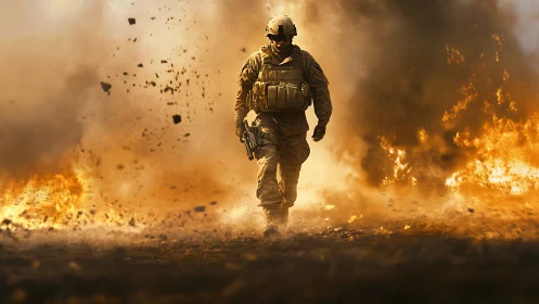 Tactical infantry operator advancing through explosive firestorm.