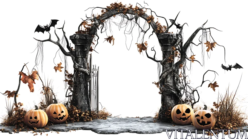 Stone archway with pumpkins, bare trees and flying bats