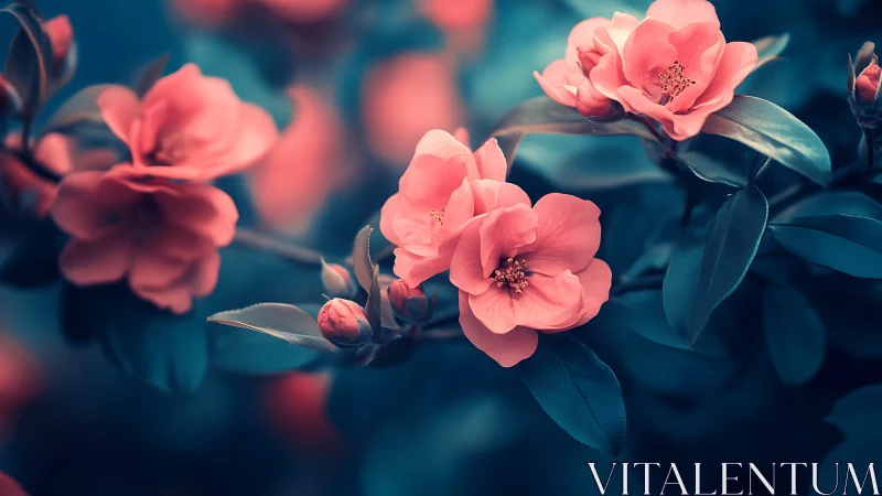 Macro study of coral camellia blossoms in cyan-toned foliage