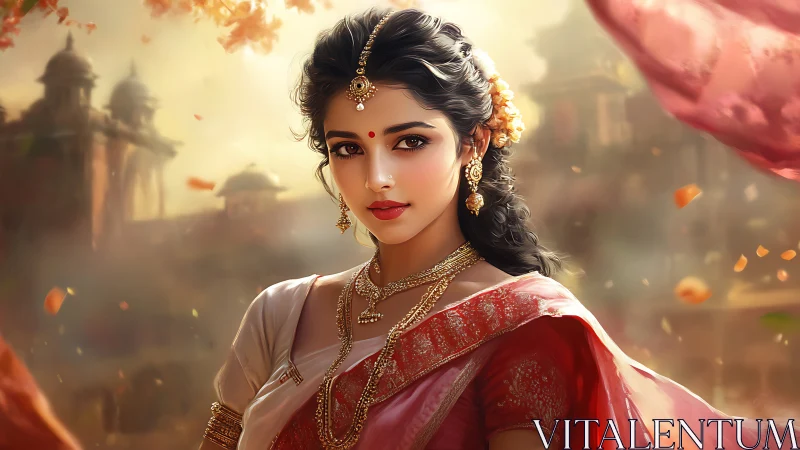 Elegant Indian Woman in Traditional Saree, Digital Art Portrait.