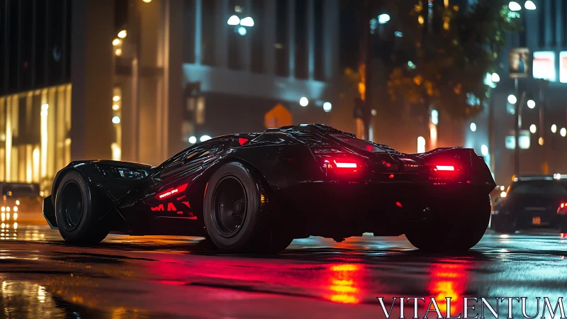 Stealth supercar accelerates through neon-lit cyberpunk avenue