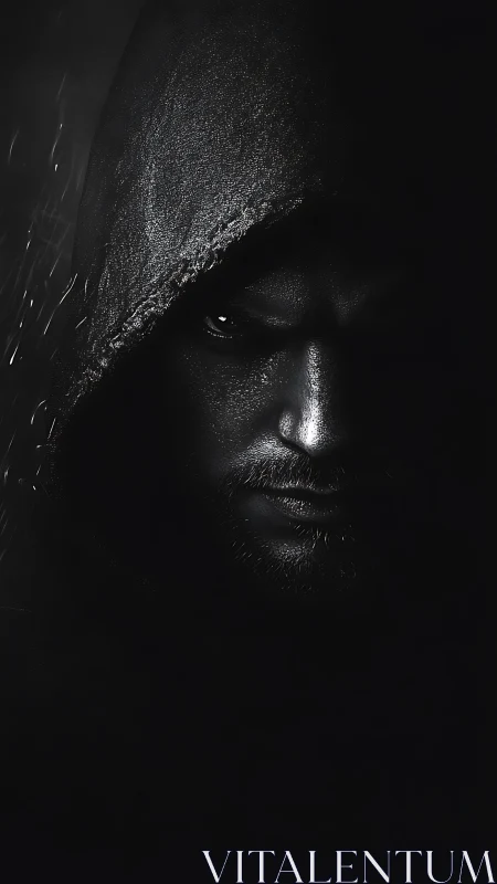 Brooding hooded man in harsh low key dramatic lighting.