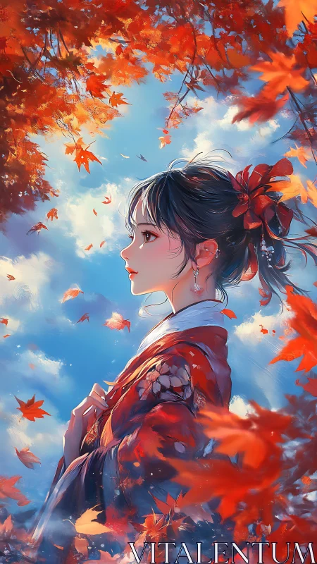 Crimson kimono daydream beneath drifting autumn leaves.