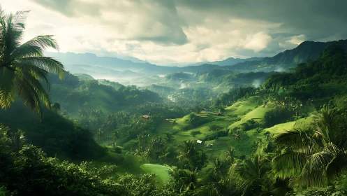 Layered tropical valley landscape extends toward distant hills