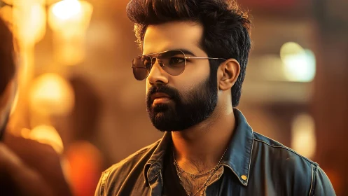 Cinematic digital portrait of stylish man in warm bokeh light.