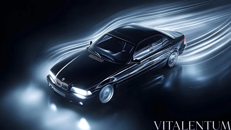 Sleek black BMW sedan in dynamic light trail, futuristic style.