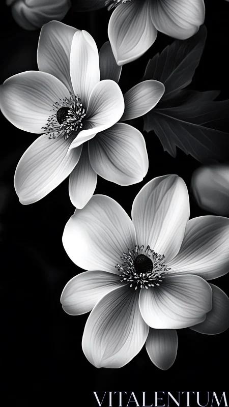 Black and white floral study with layered petals on dark background.