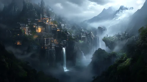 Mist-shrouded cliff city rendered as cinematic fantasy vista