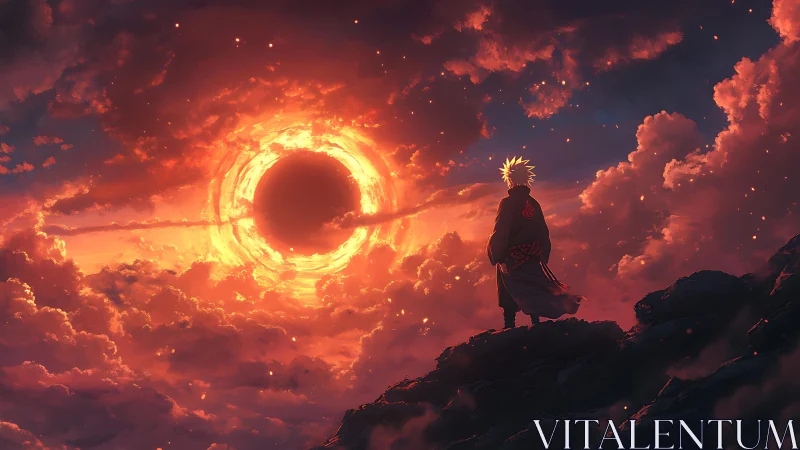 Lone anime wanderer facing a blazing celestial eclipse sky.