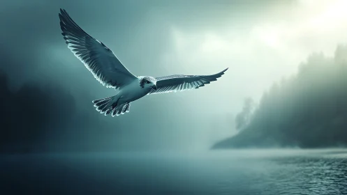 Gull in mid-flight over misty lake with dramatic rim lighting
