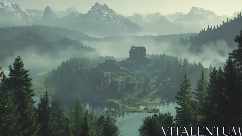 Misty alpine ruin above reflective forest lake at dawn.