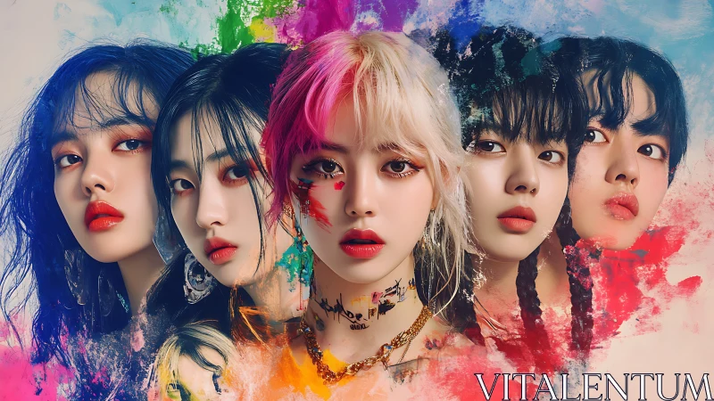 Digital portrait of five women with multicolored paint effects.