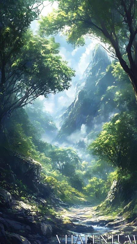 Misty Mountain Gorge with Ancient Forest Canopy and Stream.