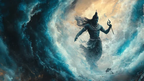 Divine warrior strides through swirling cosmic storm clouds.