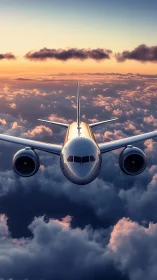 Airliner nose-on view slices through stratiform clouds at dawn