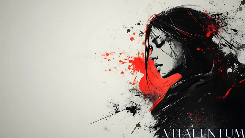 Monochrome female profile intersects red ink splatter dynamics
