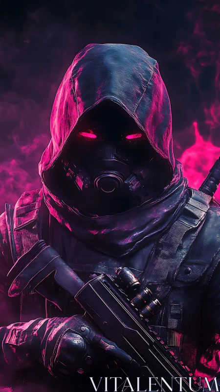 Masked futuristic soldier with neon smoke background.