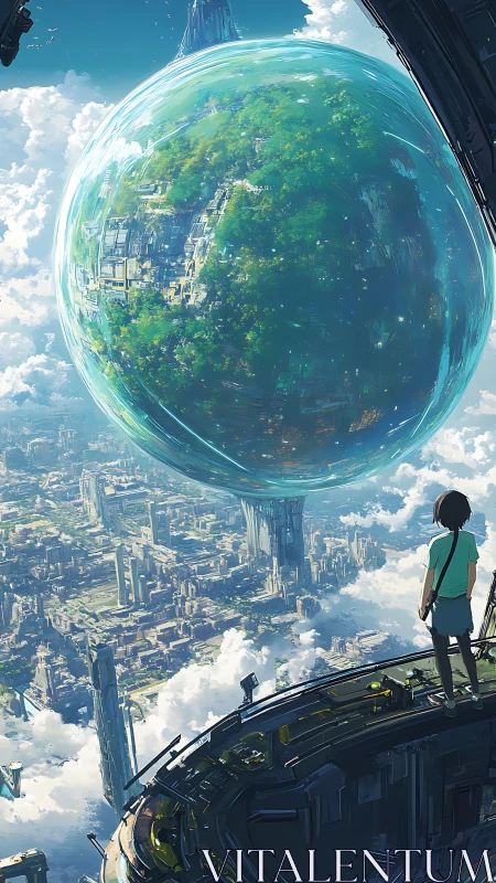 Suspended biosphere above futuristic sky city vista.