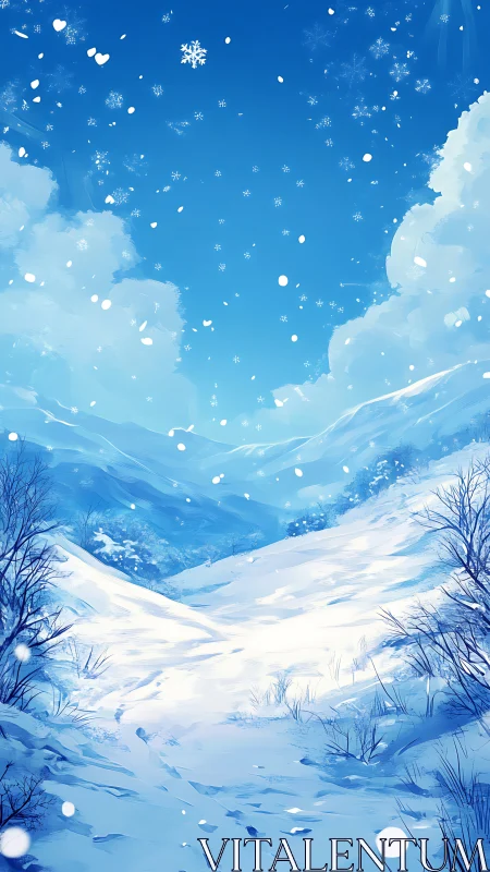 Gentle snowfall drifting over quiet blue winter hills.