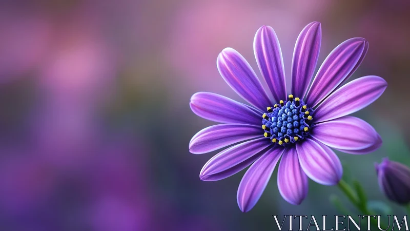 Luminous violet daisy pirouettes in a dreamy blurscape.