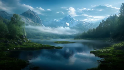 Emerald valley cradles a mirror lake beneath icy crowns