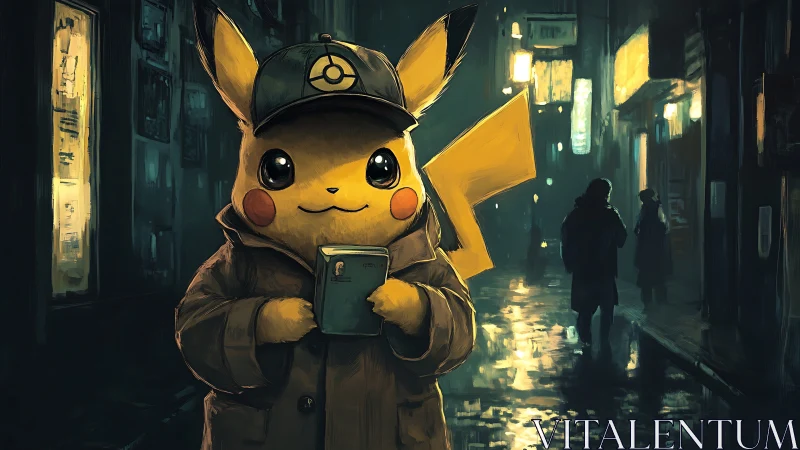 Digital noir Pikachu in rain-slicked urban alleyway illustration.