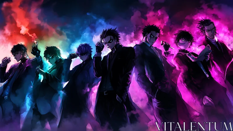 Seven suited anime men stand in colored smoke clouds