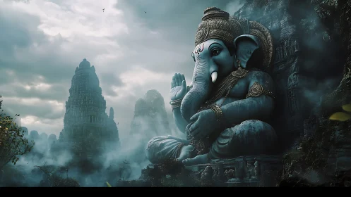 Mystic elephant deity statue rests calmly in misty ruins