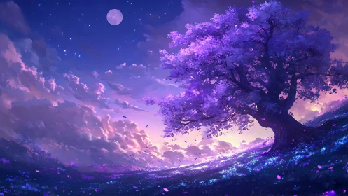 Large purple tree dominates glowing twilight hillside landscape
