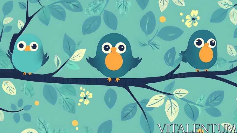 Three Cartoon Birds on a Branch in Playful Pastel Illustration.