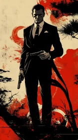 Dashing suited agent strides forward in bold red shadows
