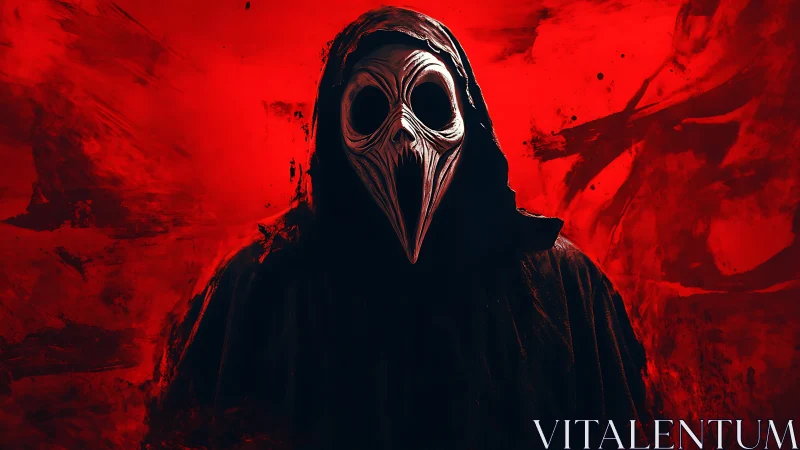 Hooded plague doctor mask silhouette isolated on saturated red field