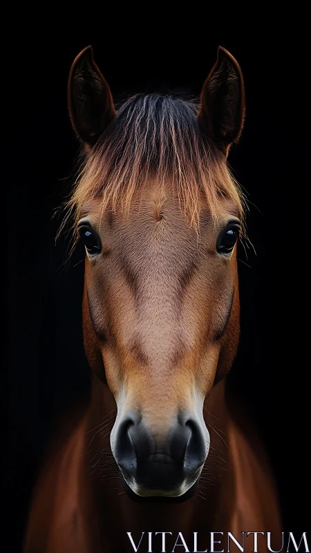 Close-up portrait of brown horse against black background.