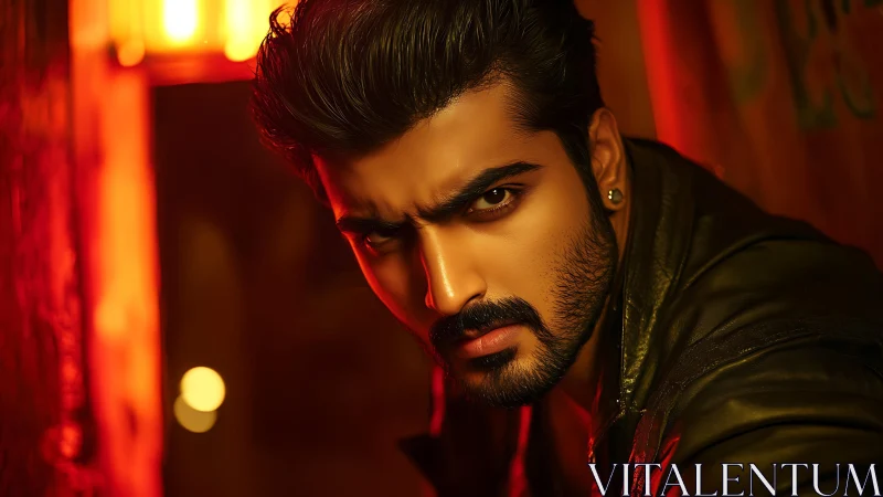 Intense male portrait under directional red lighting in shallow focus