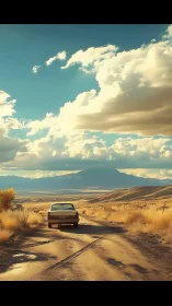 Dusty desert road escorts a lone car toward painted mountains