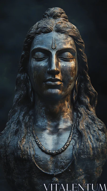 Serene bronze deity bust radiates calm in moody light.