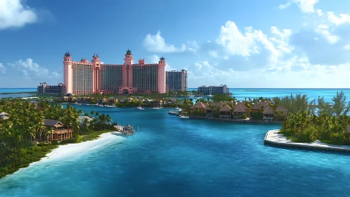 Large pink resort hotel situated on tropical island lagoon with surrounding smaller buildings.