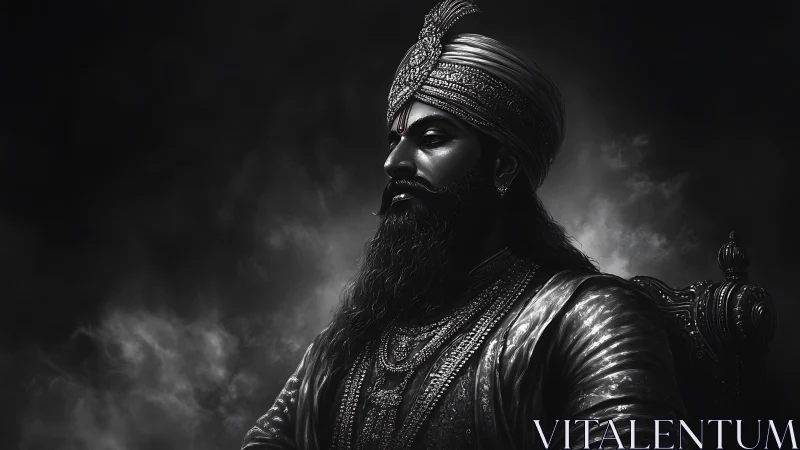 Monochrome digital portrait of regal turbaned figure seated.