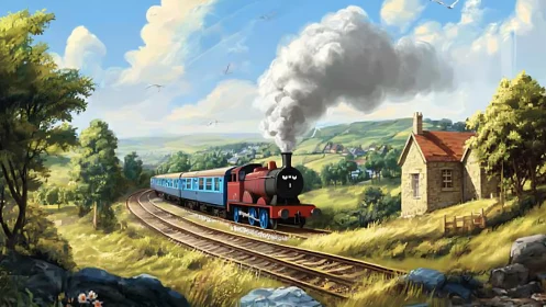 Steam locomotive with face crosses bright rural valley bend