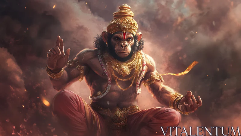 Storm-borne monkey warrior meditates in molten dawn clouds.