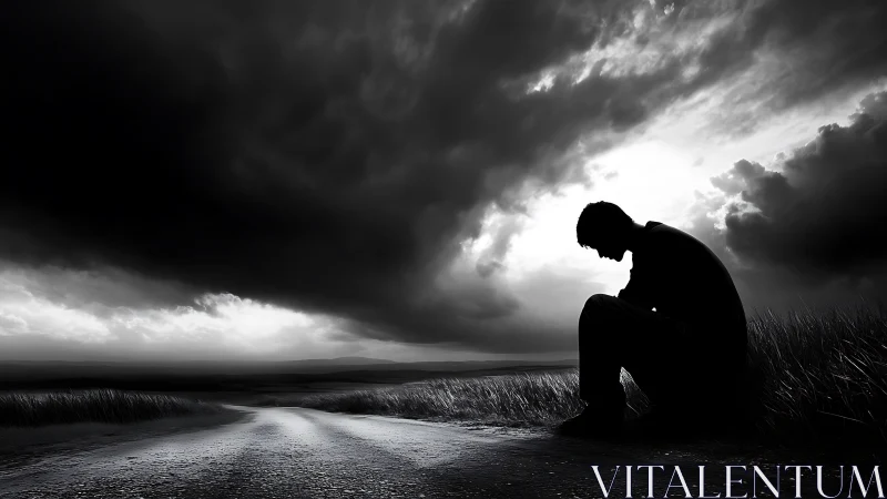 Silhouetted man sits alone by rural road under storm clouds.
