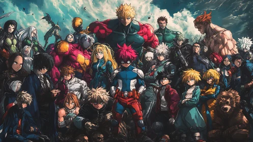 Crowded anime ensemble illustration depicts armed hero lineup