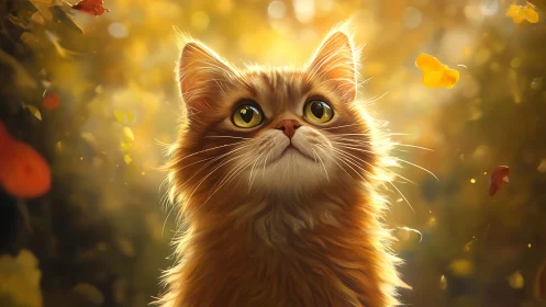 Golden-furred cat portrait with luminescent bokeh and autumn foliage elements.