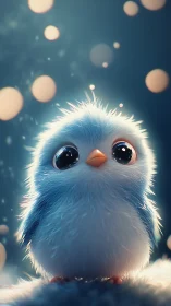 Softly lit blue chick rendered with cinematic depth of field
