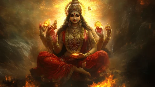Four-armed goddess figure sits in glowing fiery environment