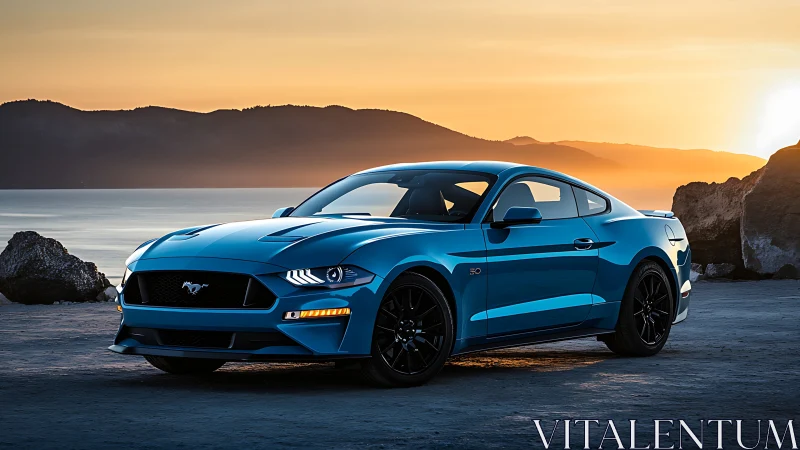 Blue sports coupe parked by coastal sunset landscape.
