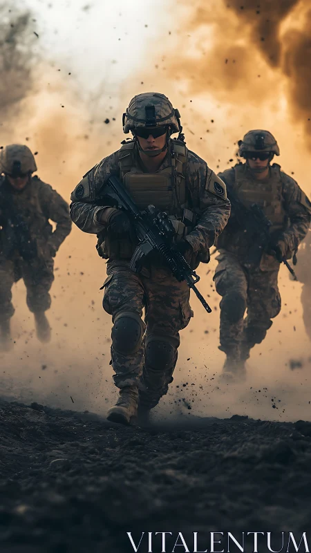 Combat soldiers charge through smoke under explosive fire.