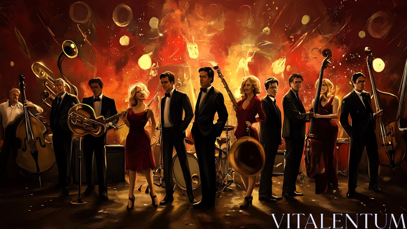 Elegant jazz ensemble glowing in a fiery, golden spotlight.