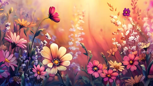 Sunset Wildflower Field with Pink Cosmos and Butterflies.