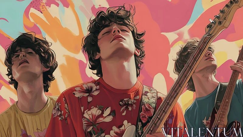 Colorful indie band lost in music against dreamy backdrop.